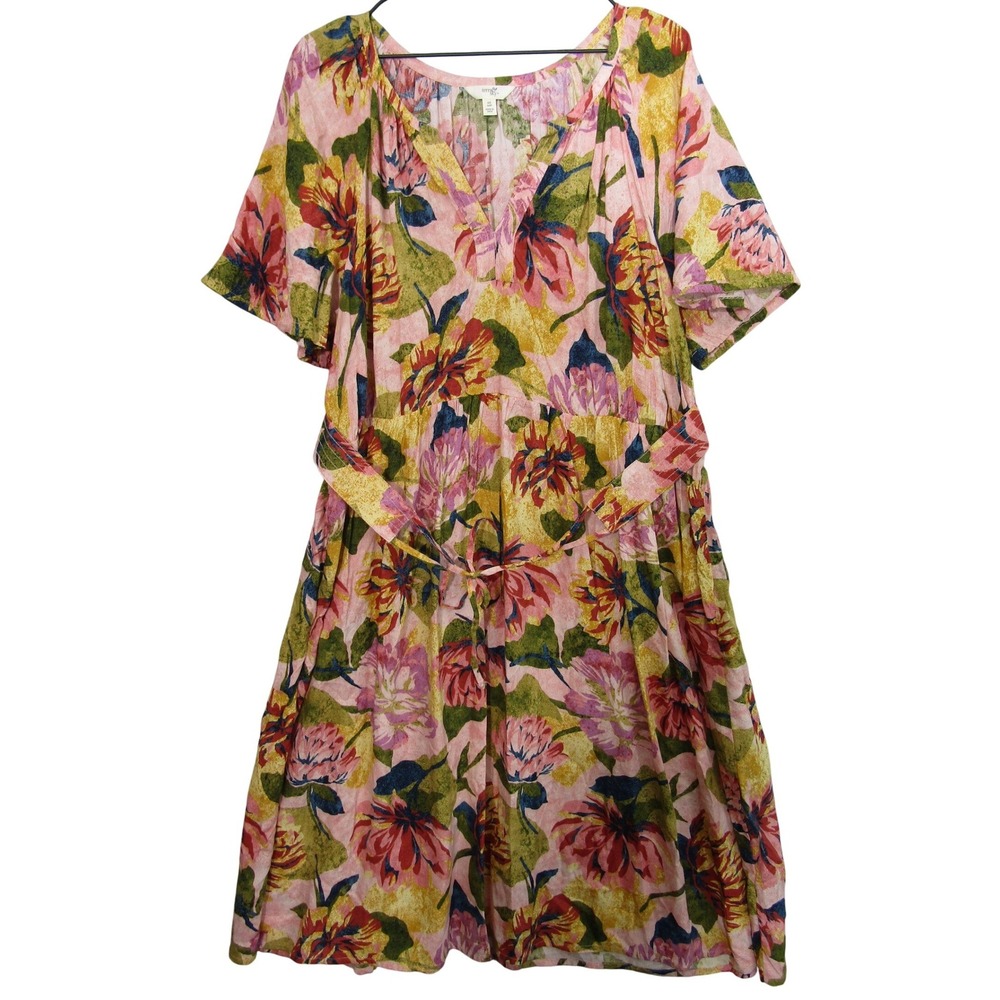 Terra & Sky Floral Midi Dress Womens Pink Yellow Good V-Neck Pockets Boho